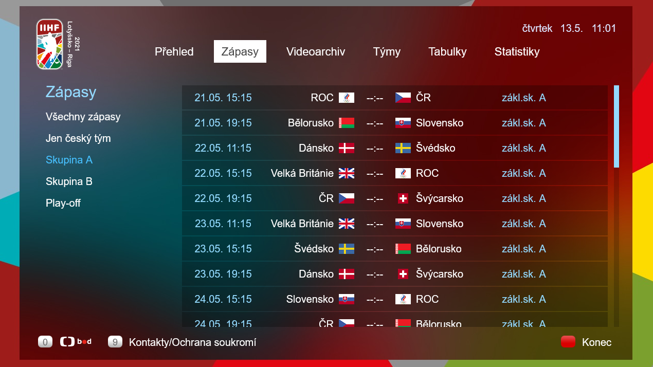 HbbTV aplikace České televize k Mistrovství světa v hokeji 2021