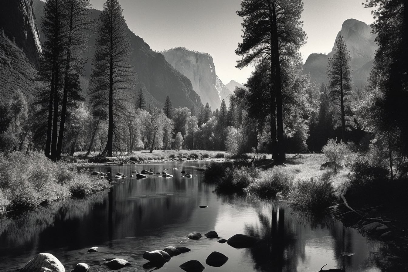 Krajina ve stylu amerického fotografa Ansela Adamse.