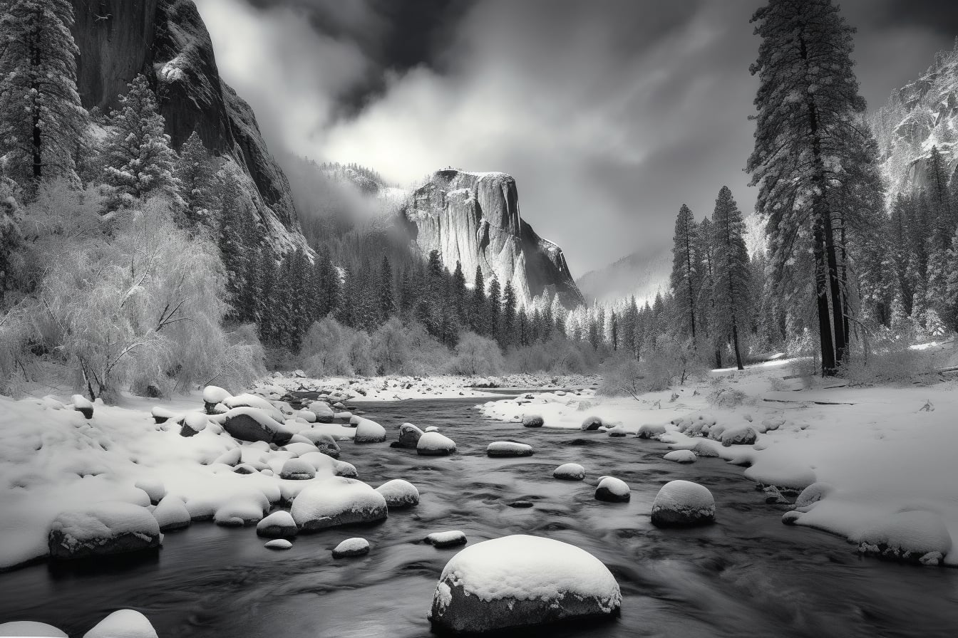 Zimní krajina ve stylu amerického fotografa Ansela Adamse.