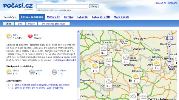 Takhle vypadala hlavní stránka Počasí Seznamu do roku 2012. Využívala podklady z firemní Mapy.cz a hodně se podobala tomu, jak Počasí uchopil Google - ten jej zobrazoval jako vrstvu na vlastních mapách. 