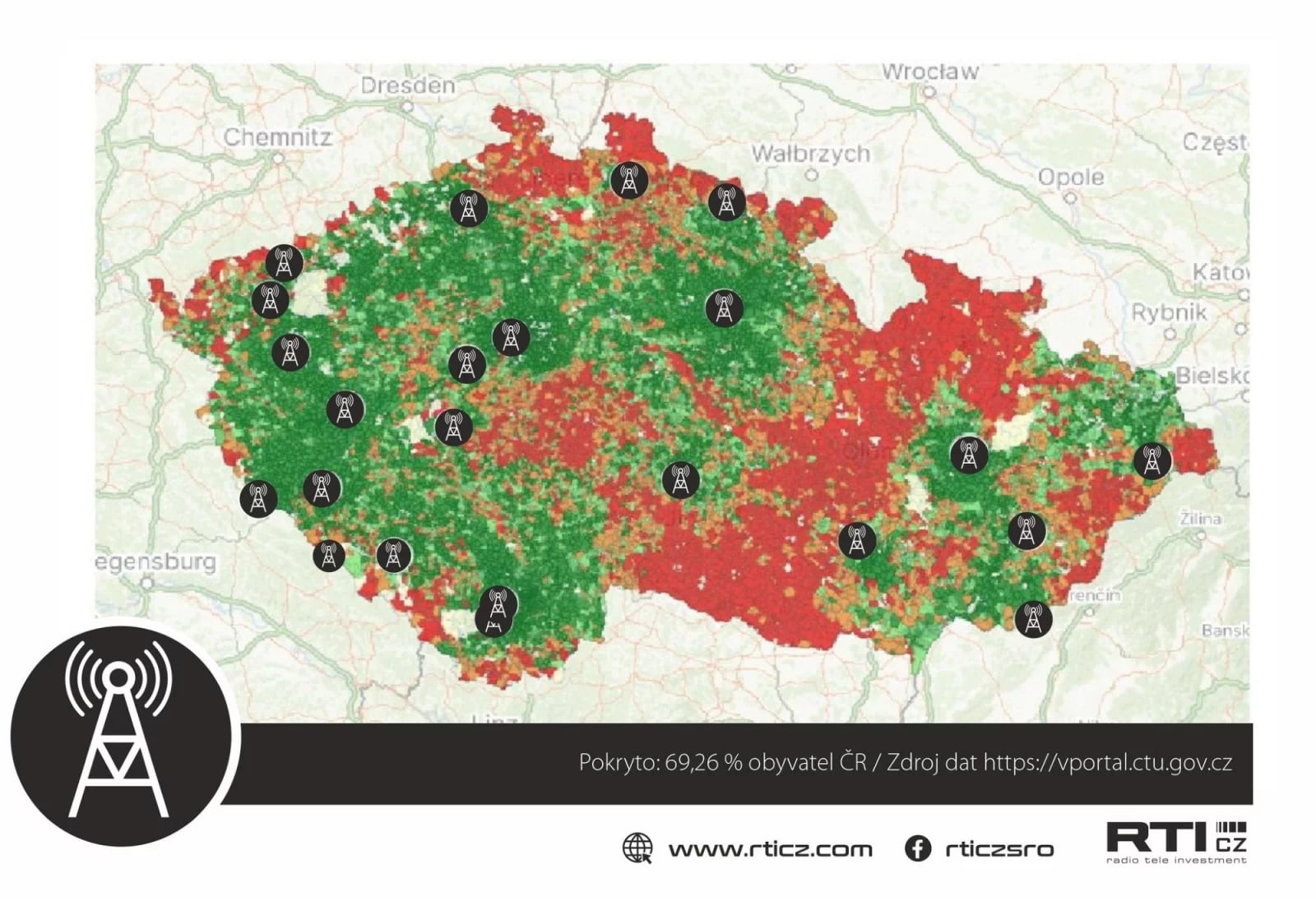 Orientační mapa pokrytí DAB+ sítě RTI CZ