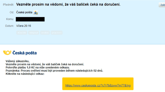 Phishing napodobující Českou poštu