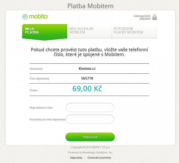 Platba na Kosmas.cz prostřednictvím platebního systému Mobito.