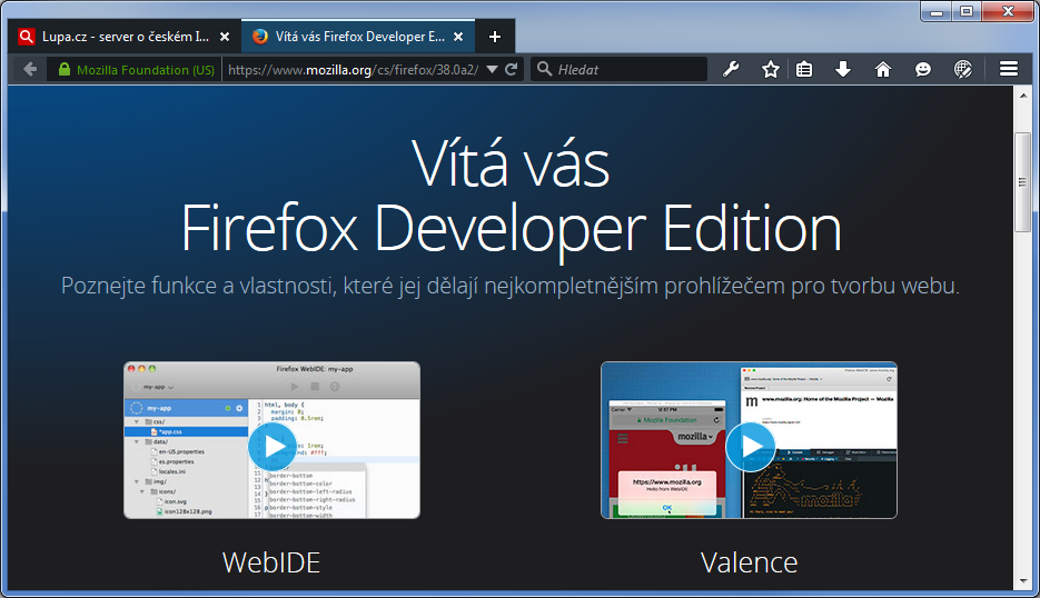 64bitový Mozilla Firefox 38 (Developer Edition)