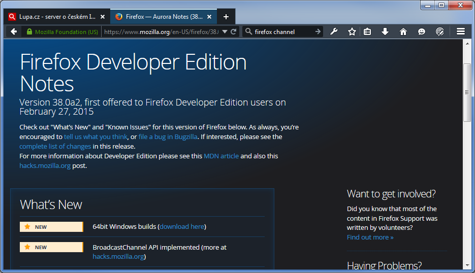 64bitový Mozilla Firefox 38 (Developer Edition)