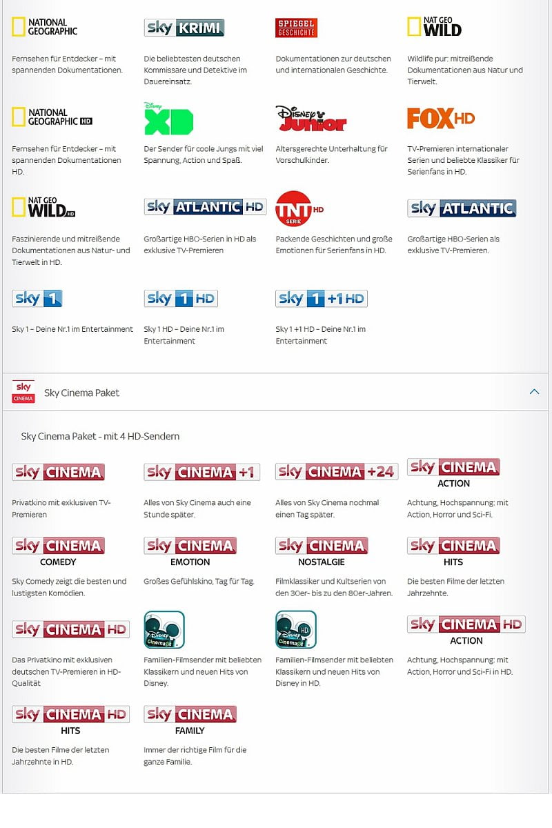 Přehled nabízených programů Sky pro Vodafone GigaTV