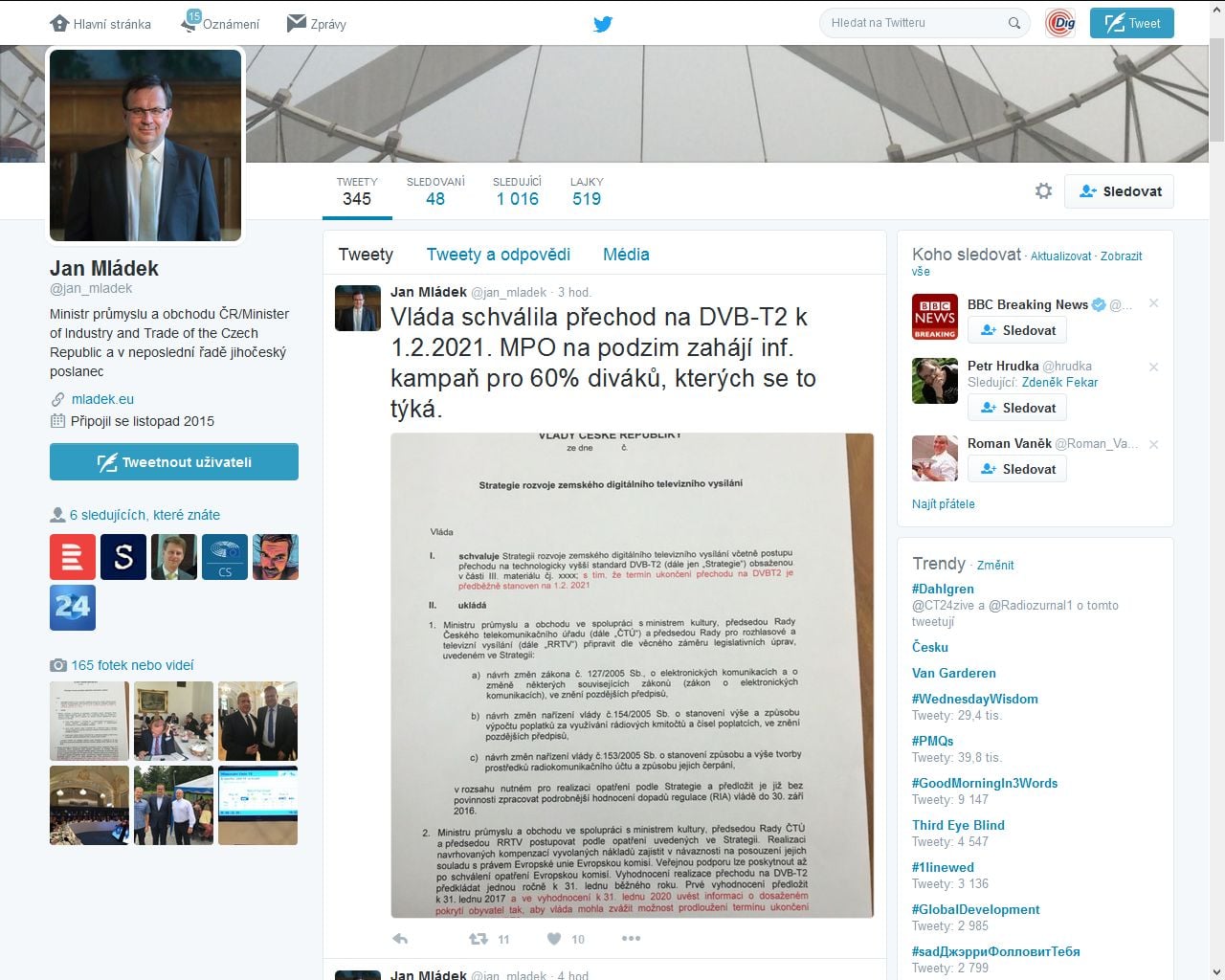 Mládek, Jan, Twitter - Strategie DVB-T2 schválena