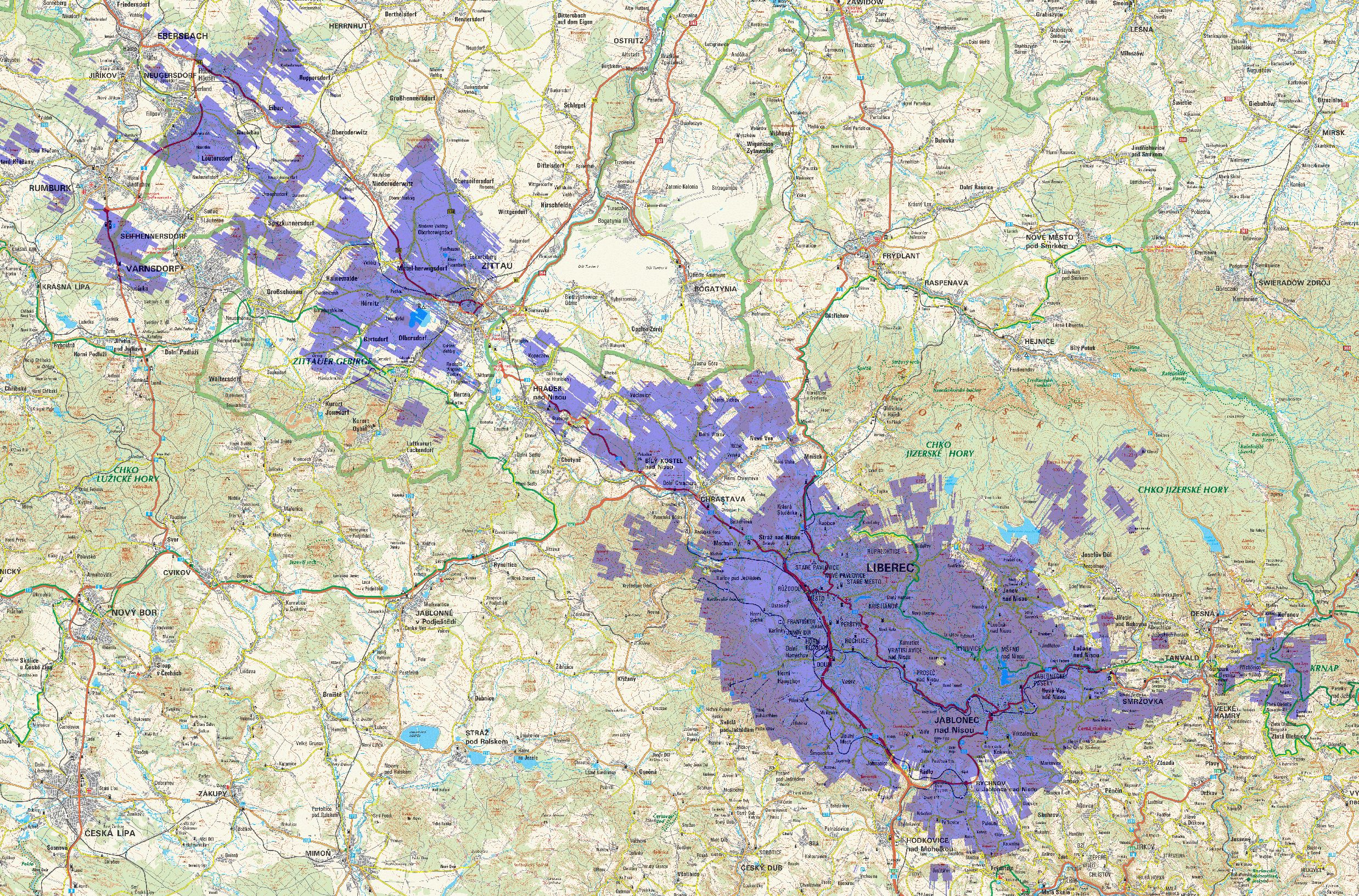 Pokrytí Liberecka signálem digitálního rozhlasu na Liberecku