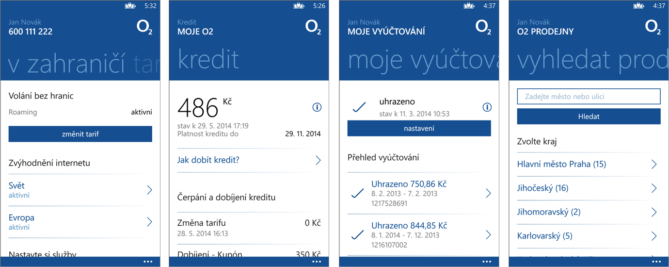 Aplikace Moje O2 pro Windows Phone