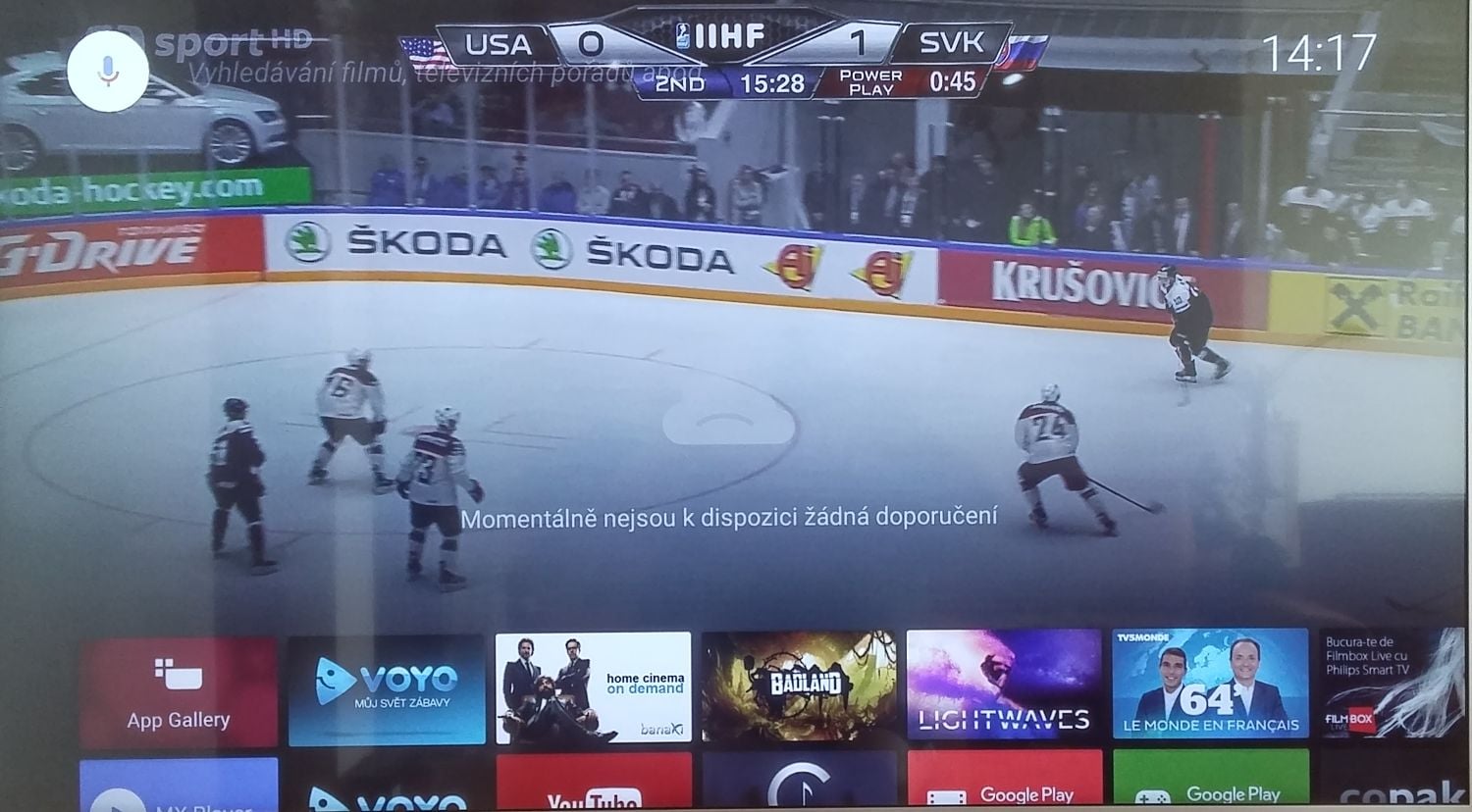 Nabíka po stlačení Home. "Doporučení" se u Android TV objevují dosti chaoticky a občas se po týdenním testu neobjevilo prostě nic. Stále lepší než ruská videa...