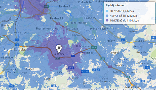 Mapa pokrytí LTE od O2 v obci Jesenice u Prahy k 15. 6. 2014