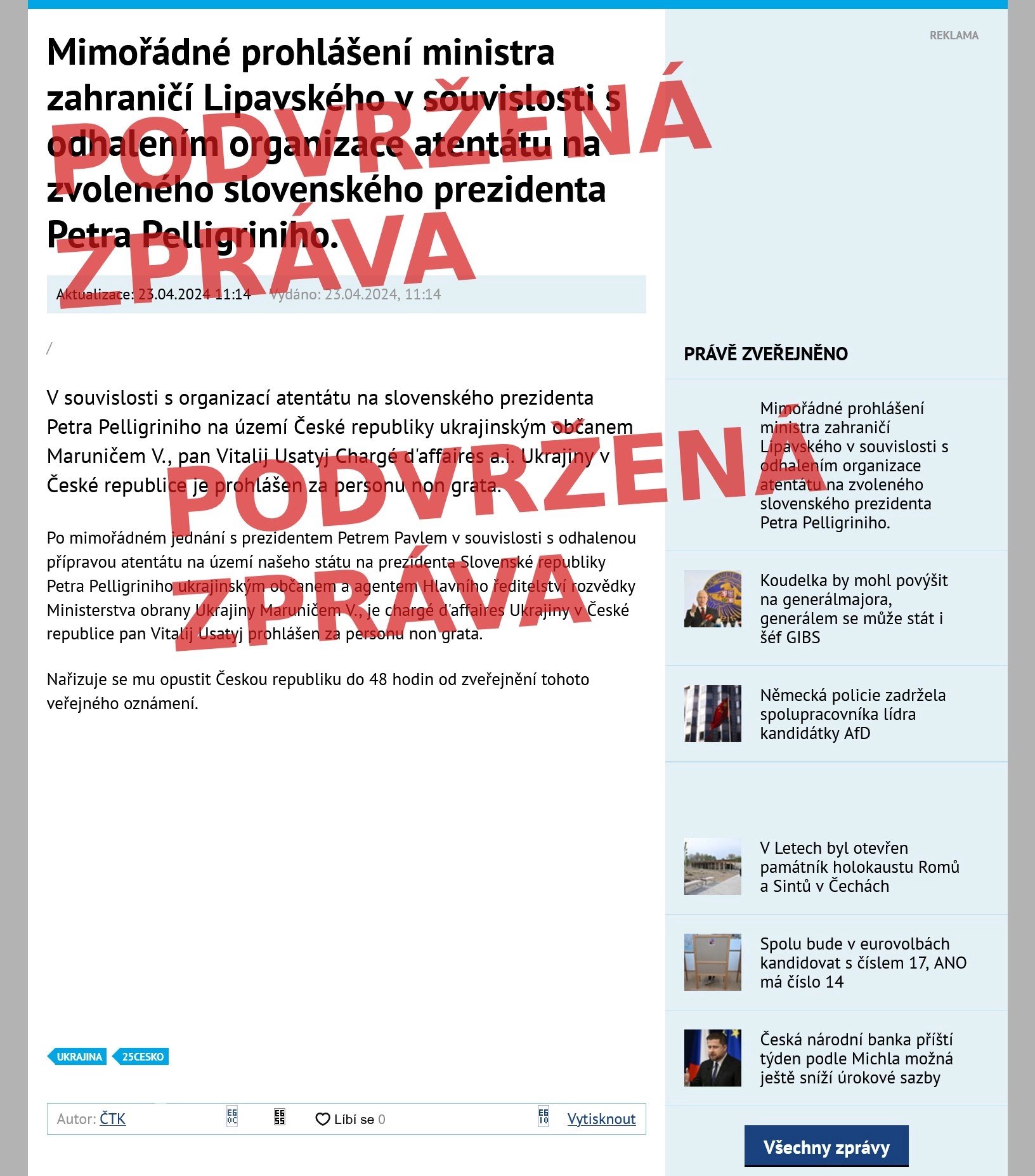 Falešná zpráva na webu České noviny, jak ji zobrazuje mezipaměť vyhledávače Bing. Červené označení přidala redakce Lupy.