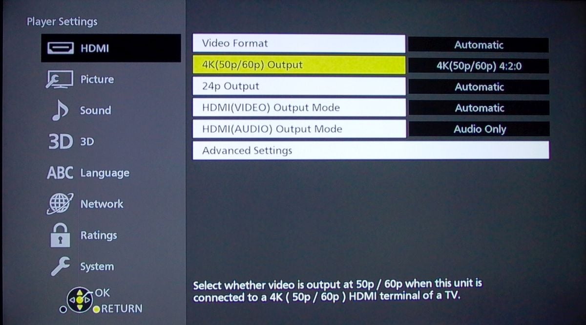 Panasonic DMP-UB700 – menu nastavení