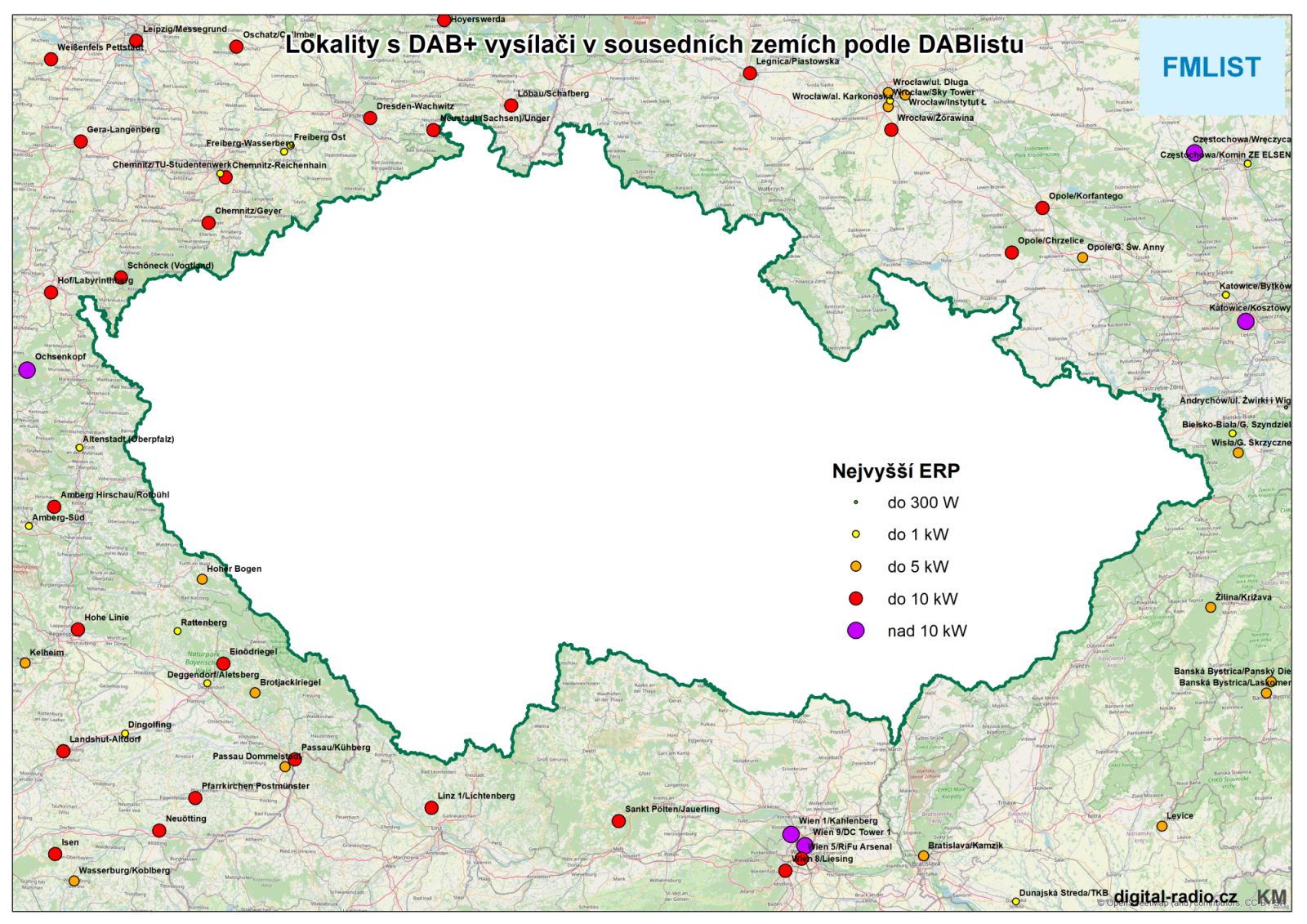 Lokality s DAB+ vysílači v sousedních zemích