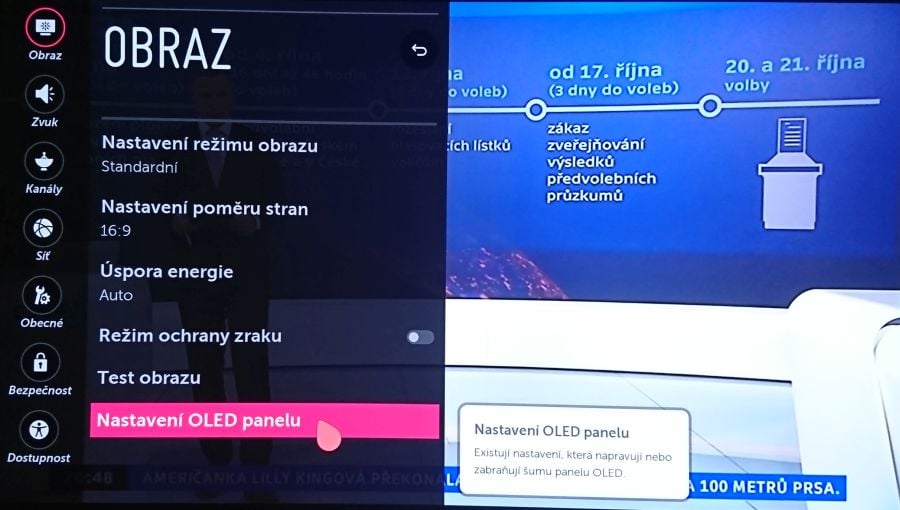 Menu Obraz a údržba obrazovky OLED. Pokud TV nepřerušujete pohotovostní režim vypnutím přívodu elektrického proudu, nemusíte se o nic starat.