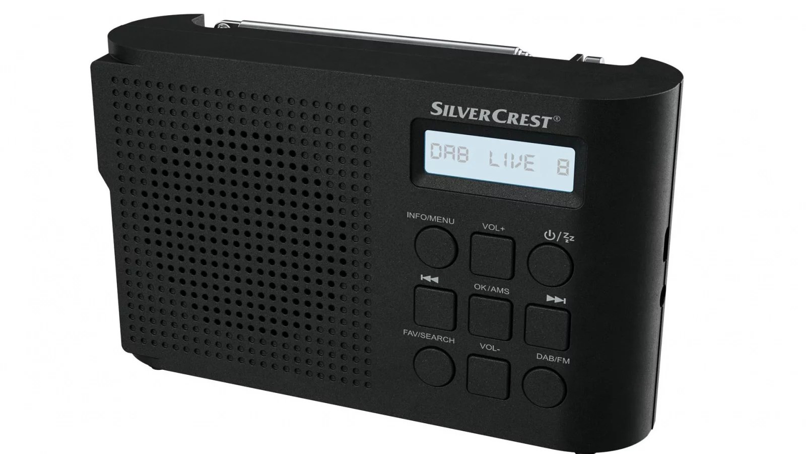 Silvercrest DAB+ SDR 1.5 B1 - Digitální kapesní rádio v nabídce Lidlu. Disponuje pamětí pro 60 stanic (30 DAB+ a 30 VKV). Má funkci budíku a automatického vypnutí po nastavené době. Jednoduchý přístroj má dvouřádkový monochromatický displej a zdířku pro sluchátka (3,5 mm). Provoz je možný na baterii nebo napájením ze sítě. Hodiny se automaticky synchronizují přes DAB+ a VKV.