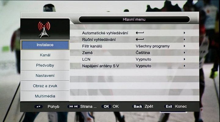 Hlavní menu přijímače.