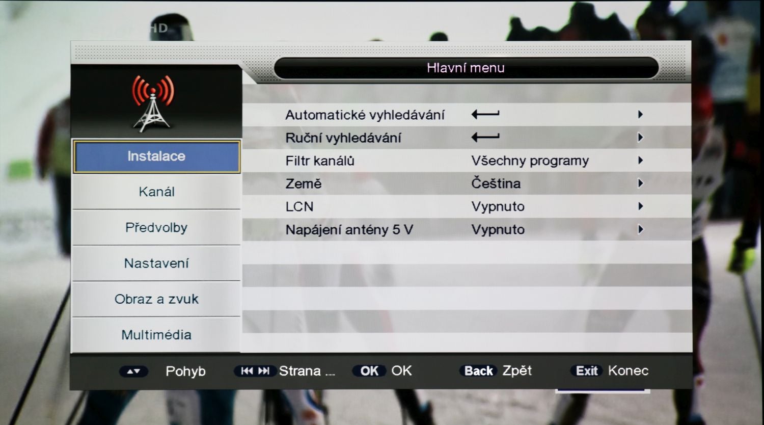 Hlavní menu přijímače.