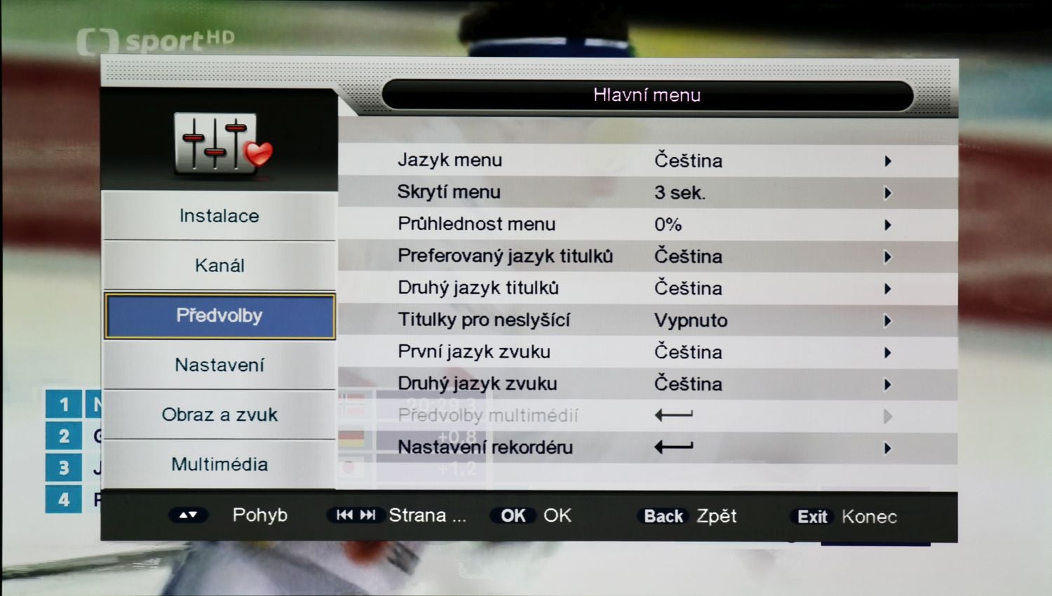 Evolveo Omega T2 - Menu nastavení