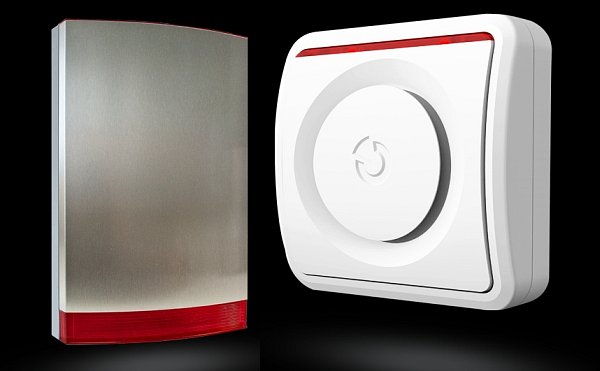 Vlevo venkovní siréna (drátová) JA-111A RB, vpravo vnitřní bezdrátová siréna JA-150A.