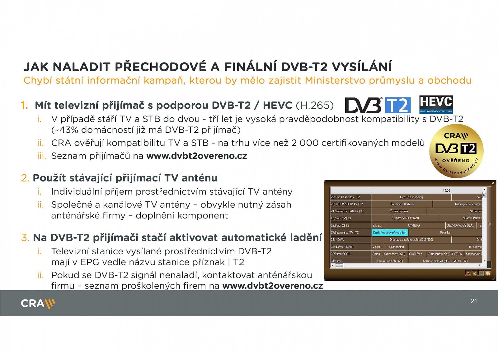 Parametry DVB-T2, termíny přechodu a stanice v multiplexech