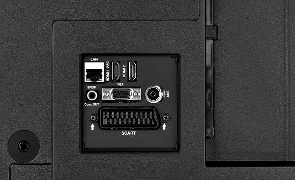 Dnešní nejobvyklejší výbava rozhraními u levného chytrého televizoru s úhlopříčkou 81, resp. 102 cm (Hyundai FL 32411 Smart).