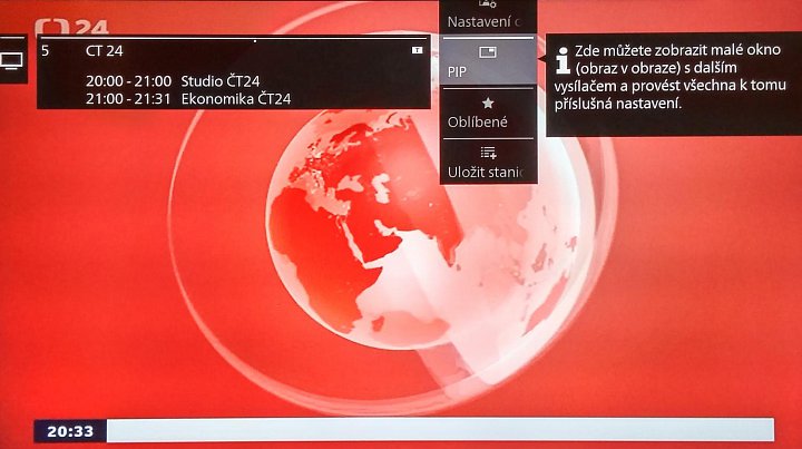 PiP, aneb obraz v obraze, je dělaný ukázkově. Práce s ním je jednoduchá a pochopitelná, pokud si zvyknete na vyvolávání kontextového menu (tlačítko Menu). Přes něj prohodíte náhledy, či nastavíte velikost druhého okna. Jediné co mi tu chybělo, byla možnost úpravy zvuku, resp. to, z kterého ze dvou kanálů půjde.