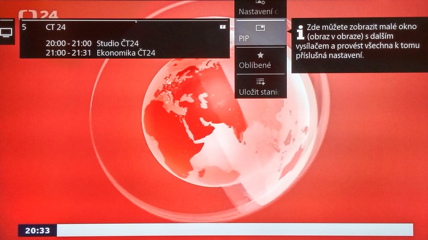 PiP, aneb obraz v obraze, je dělaný ukázkově. Práce s ním je jednoduchá a pochopitelná, pokud si zvyknete na vyvolávání kontextového menu (tlačítko Menu). Přes něj prohodíte náhledy, či nastavíte velikost druhého okna. Jediné co mi tu chybělo, byla možnost úpravy zvuku, resp. to, z kterého ze dvou kanálů půjde.