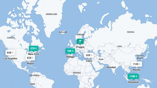 Kiwi.com - letenky - mapa - screenshot