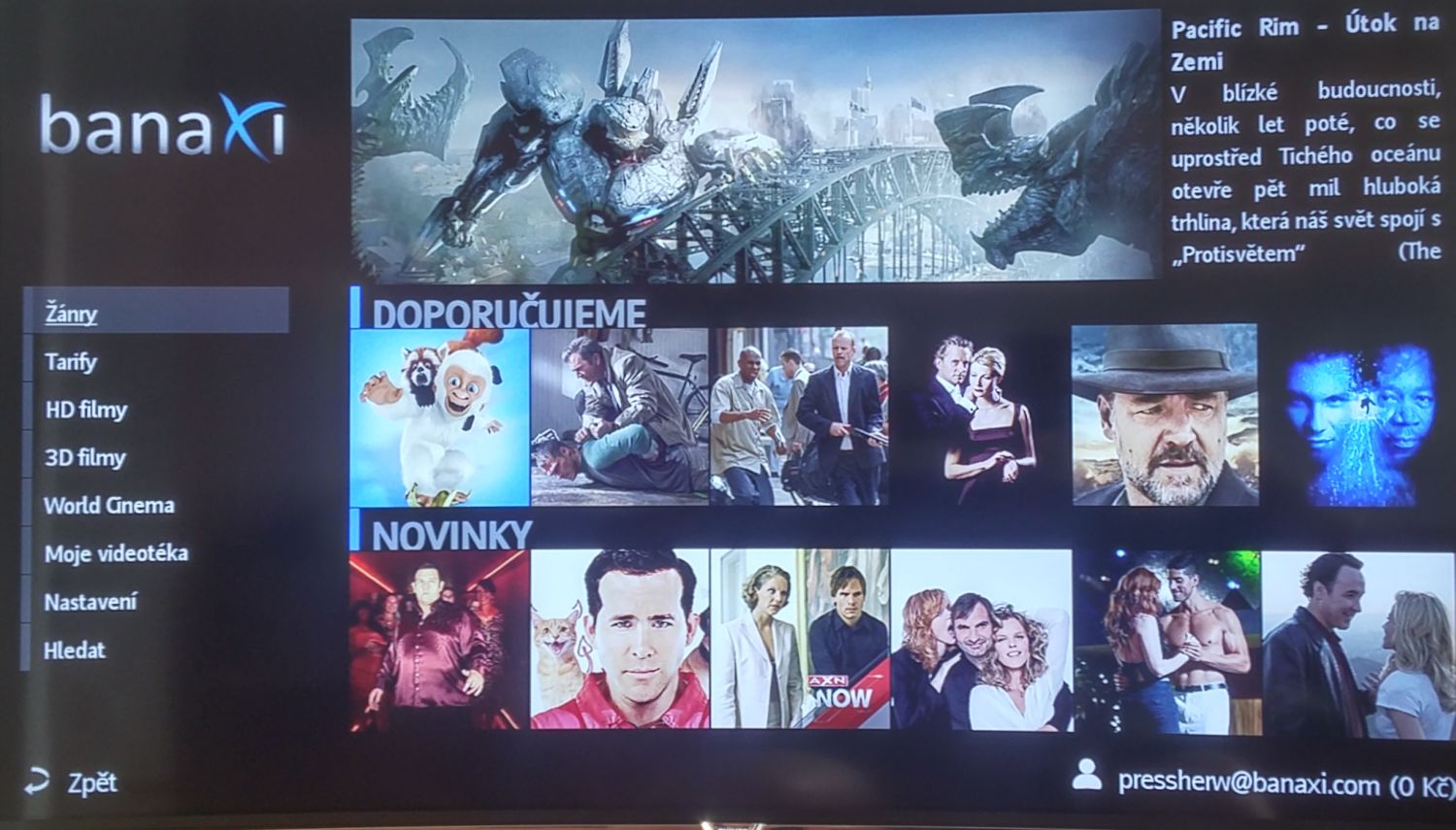 Úvodní obrazovka on-line videotéky Banaxi na televizoru Philips 55PUS8700. Povšimněte si nové sekce World Cinema.