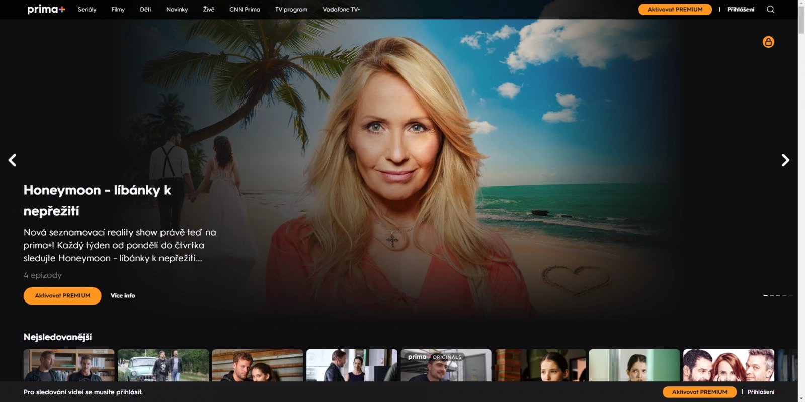 Úvodní obrazovka služby Prima+