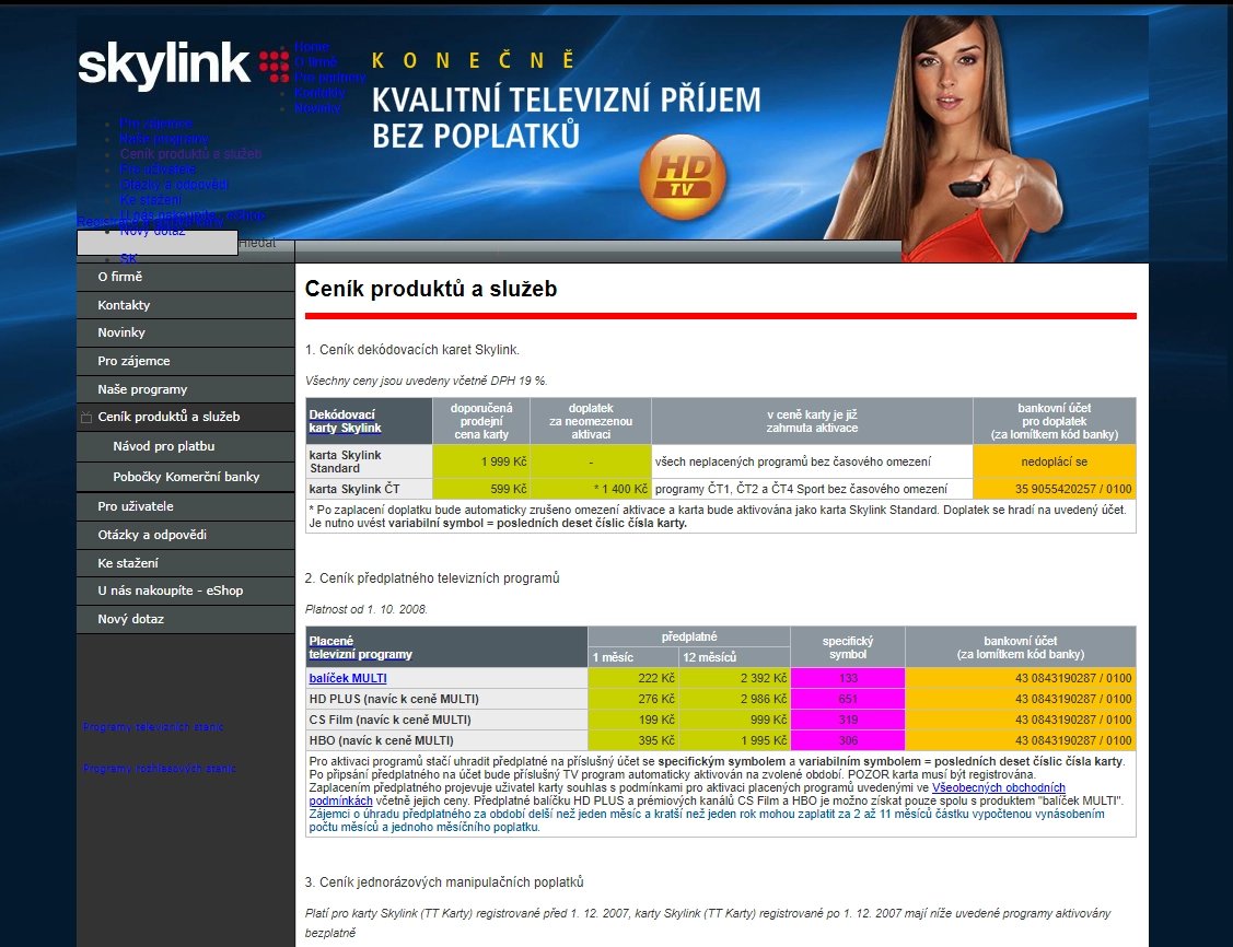 Ceník Skylink - prosinec 2008