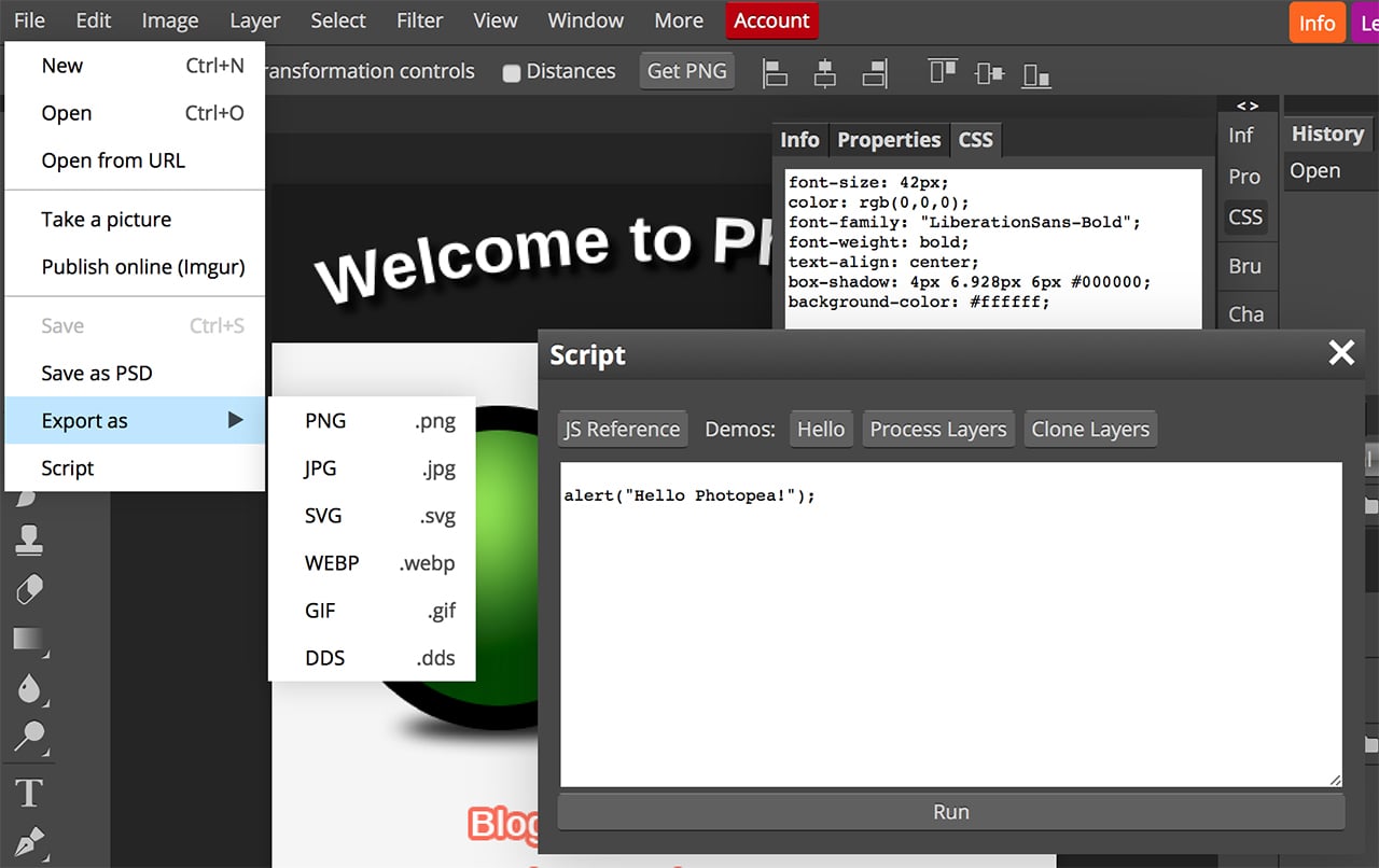 Photopea umí zobrazovat CSS, psát skripty a export do několika formátů