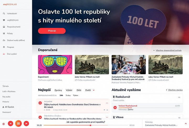 Průběžný grafický návrh desktopové podoby portálu Můj rozhlas. Barevnost a další prvky designu mohou ještě podléhat změnám.