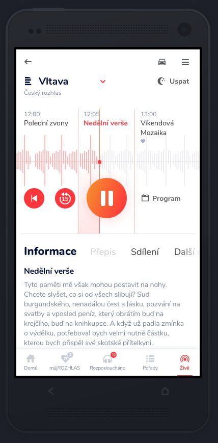 Průběžný grafický návrh mobilní podoby portálu Můj rozhlas. Barevnost a další prvky designu mohou ještě podléhat změnám.