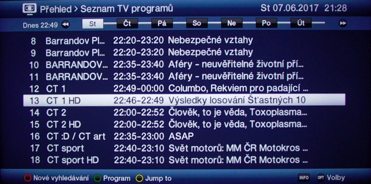 Zobrazení dále vysílaných pořadů se stále vypisuje do jednoho sloupce, posun obstarají šipková tlačítka.