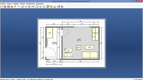 Krok 8: dobře viditelný výsledek asi desetiminutového snažení. Kuchyň bych samozřejmě mohl doplnit třeba o vařič, myčku či odsavač par, místnosti jako takové třeba o elektrické zásuvky či zásuvky pro Ethernet (LAN).