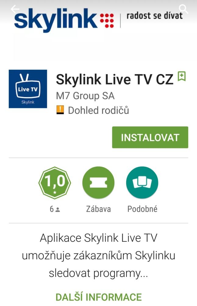 Skylink Live TV CZ - aplikace IPTV
