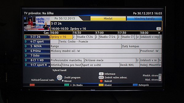 EPG je dvojí – tak zvaně „na šířku“, což je vidět na snímku, a „na výšku“  vypisující program pro jedinou stanici. Obraz a zvuk, ale nechybí nikdy.