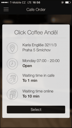 Úvodní výběr kavárny, Click Coffee má stále jednu.