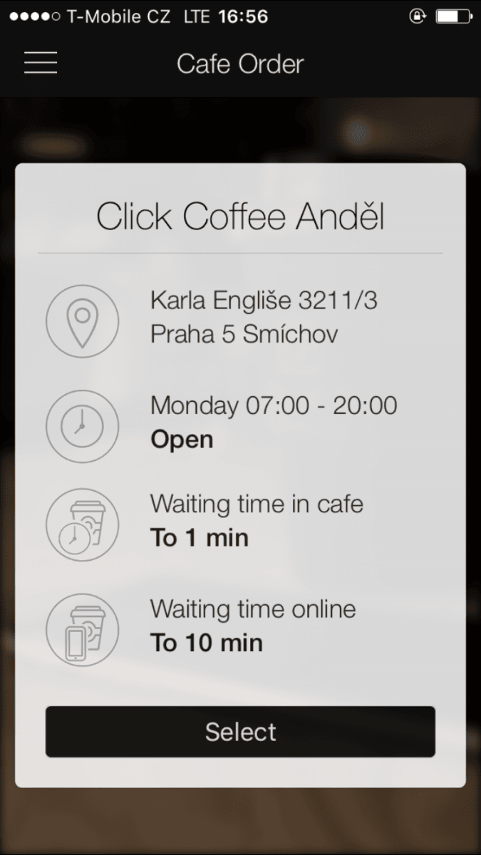 Úvodní výběr kavárny, Click Coffee má stále jednu.