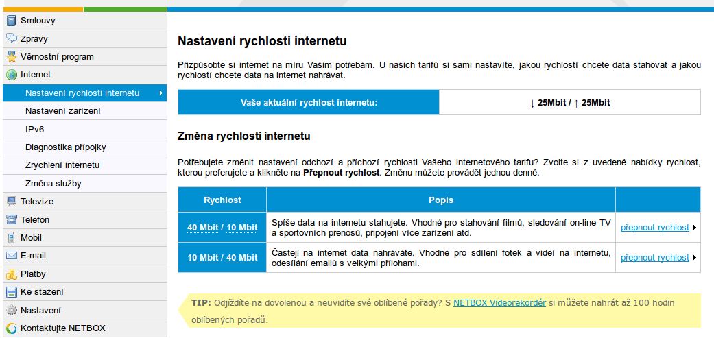 Parametry služby lze měnit v online aplikaci.