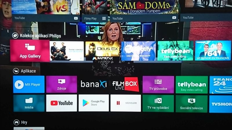 Menu na tlačítku Home. „Kolekce aplikací Philips“ označuje aplikace z platformy Net TV, v kolonce „Aplikace“ jsou už ty přímo pro Android. Kolovat se v Home bohužel nedá na žádný způsob a ovládání je tak poněkud otravné a pomalé. Poděkujte Googlu…