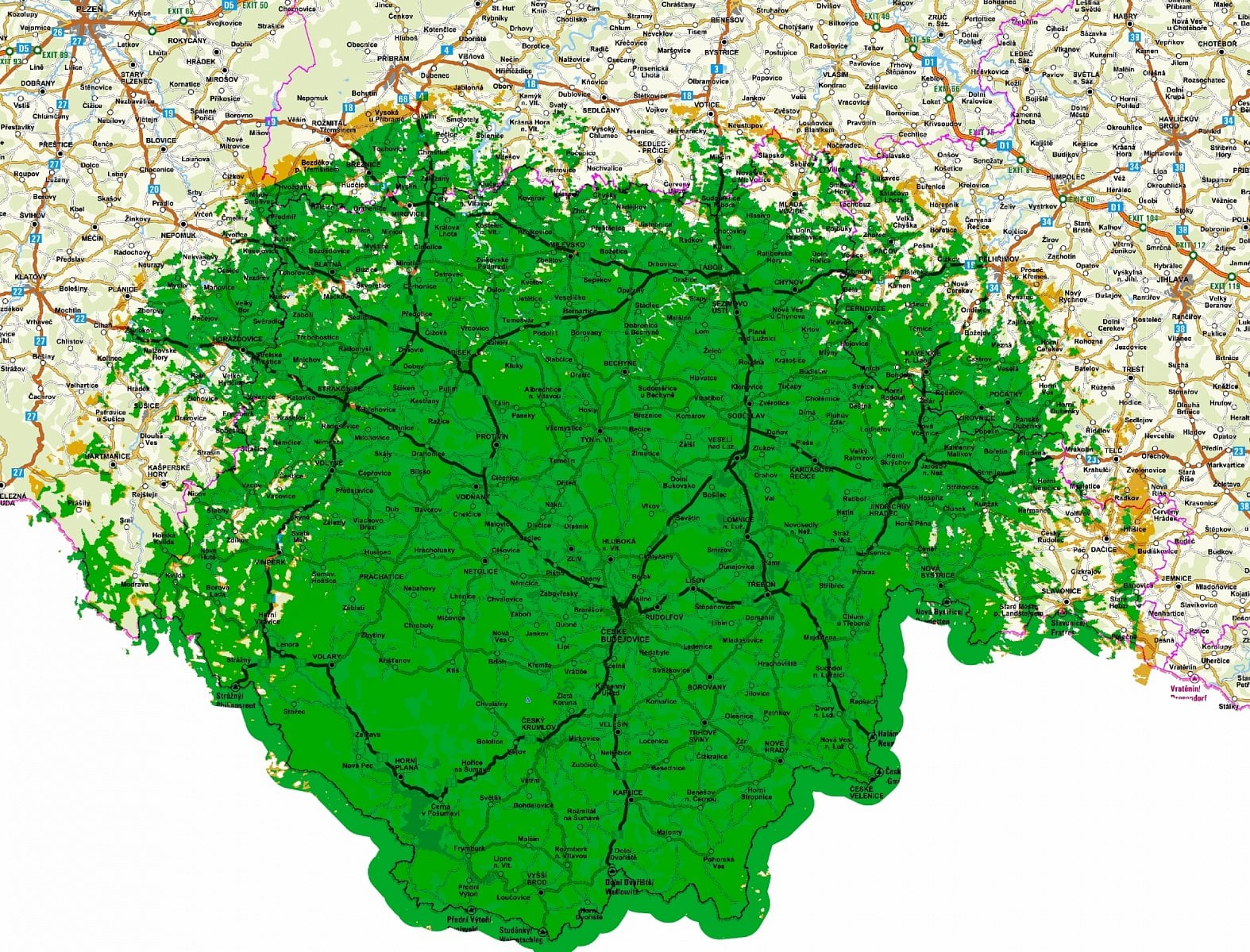 Pokrytí DVB-T vysílačů Kleť a Mařský vrch