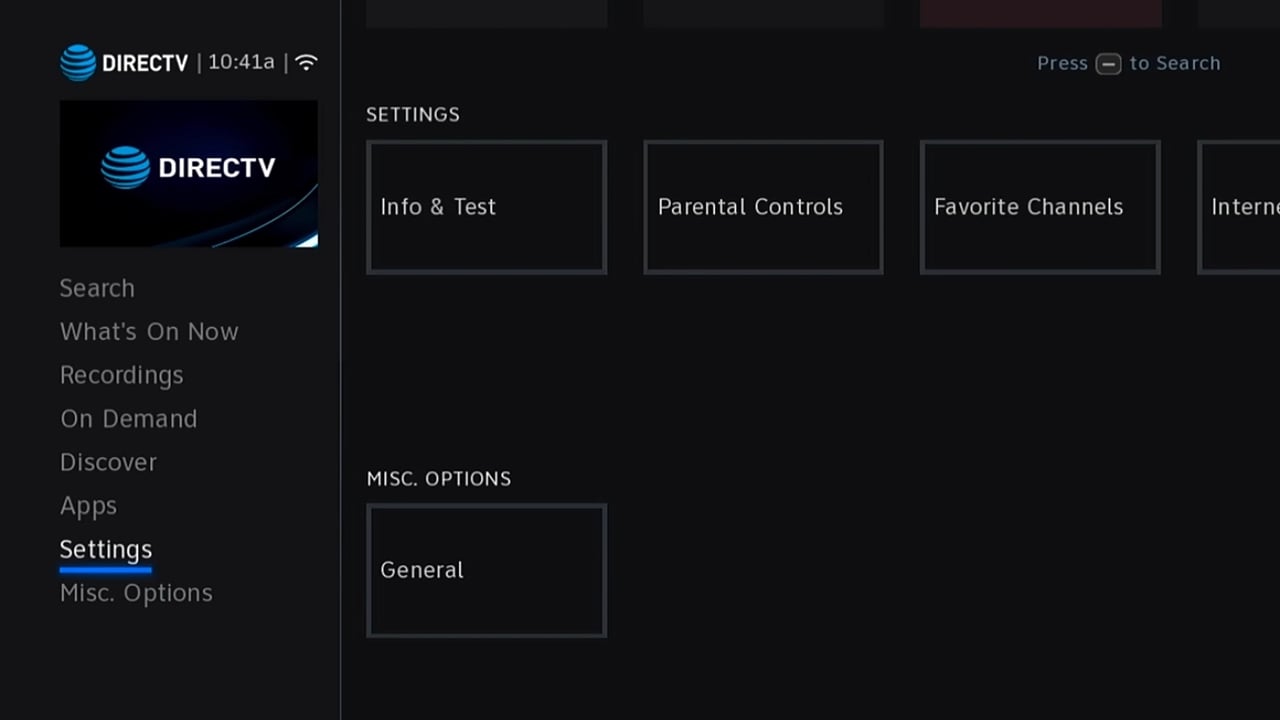 DIRECTV - Hlavní menu