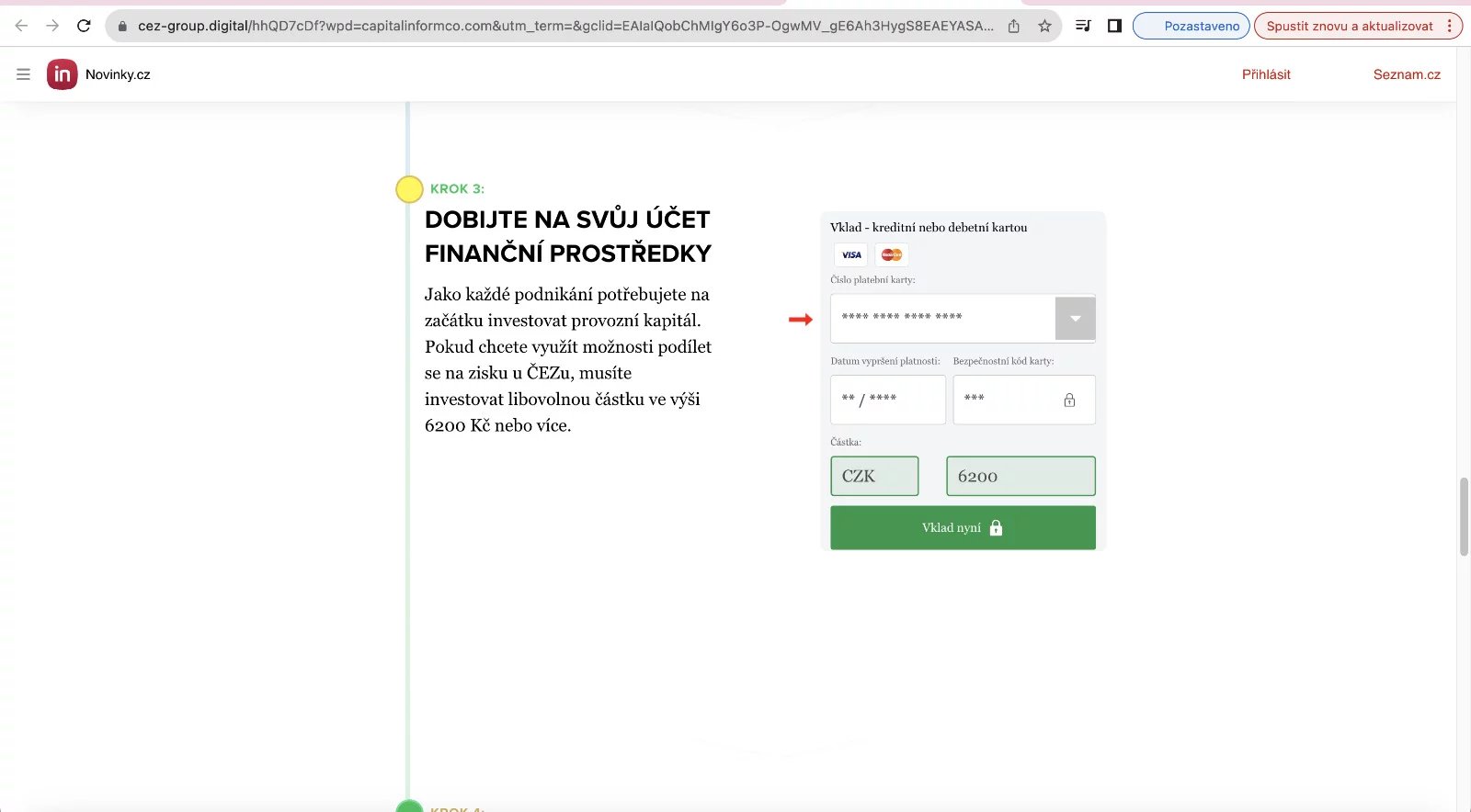 Po kliknutí na podvodnou reklamu se dostanete na web, který předstírá, že se jedná o portál Novinky.cz