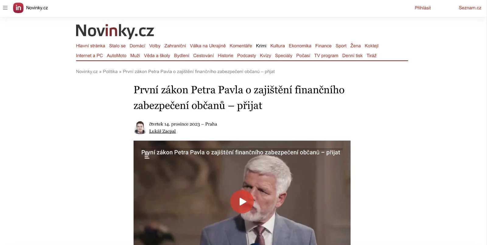 Po kliknutí na podvodnou reklamu se dostanete na web, který předstírá, že se jedná o portál Novinky.cz
