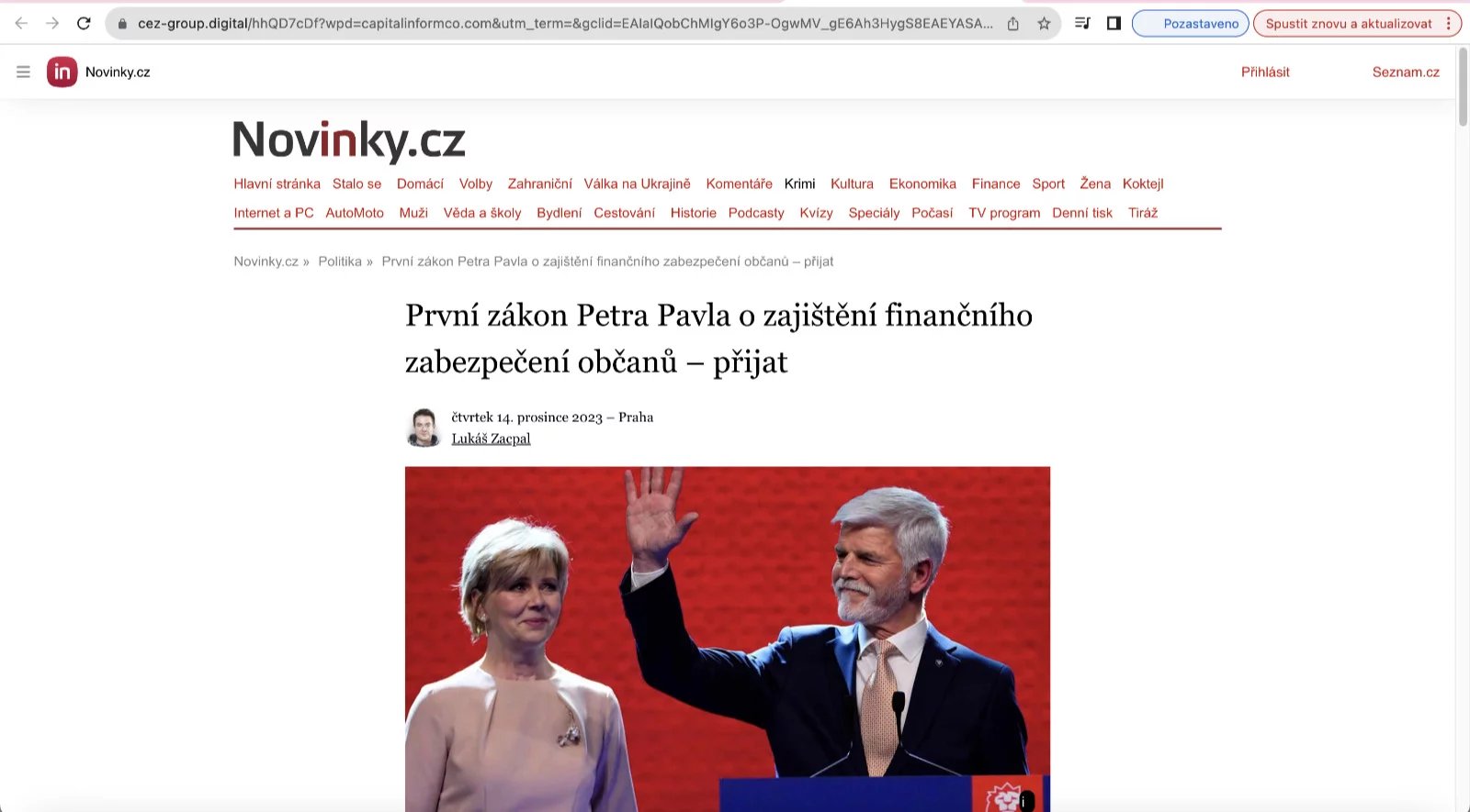 Po kliknutí na podvodnou reklamu se dostanete na web, který předstírá, že se jedná o portál Novinky.cz