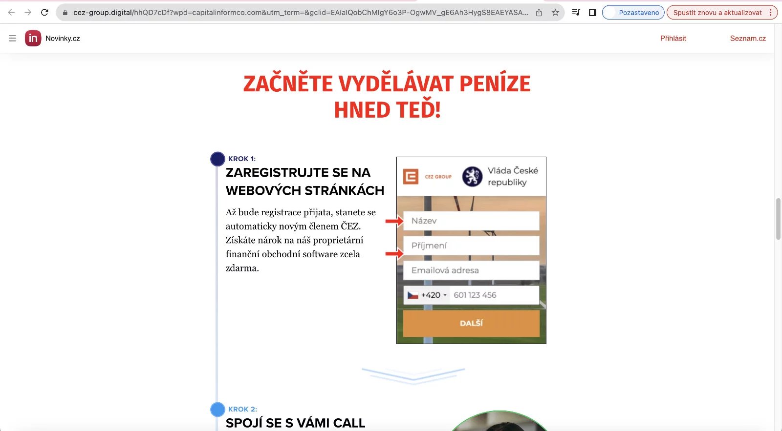Po kliknutí na podvodnou reklamu se dostanete na web, který předstírá, že se jedná o portál Novinky.cz