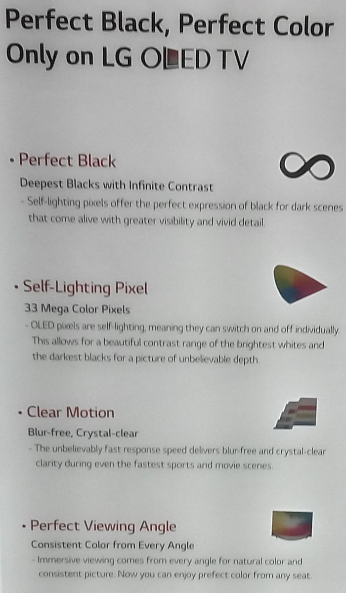 Základní vlastnosti televizorů OLED. Perfektní černá (ještě o chlup lepší, než u kvalitních plazem) je tu samozřejmostí.